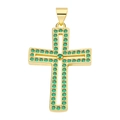 Religious gold plated cross pendant with double rows of sparkling green cubic zirconia - Pendant 16-X2334 (Gold Green Stone Edged Cross)