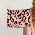 Detailed view of pink leopard print canvas makeup bag with silver metal zipper closure - Pink Irregular Leopard Style (jiayingpbb0148)