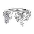 S925 Sterling silver adjustable open ring with letter F and heart-shaped zircon stones - Silver Letter F