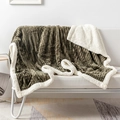 Detail of olive green striped flannel blanket with thick white sherpa fleece lining - Hiking Green / 70*100CM