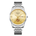 Macro detail of silver watch dial with golden sunburst finish, day-date window and rhinestones - 9-row Silver Strap - Gold Dial