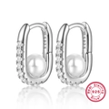 Orecchini a U in argento S925 con perla bianca e accenti in zircone scintillante - Argento 925 / Platino