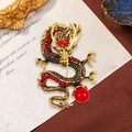 Vintage golden dragon brooch with red rhinestones and pearl detail for men's suits - Gold with Red Pearl