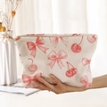 Beige corduroy cosmetic pouch with red bow and cherry print and golden zipper - Beige Red Bow Cherry (MZ042110)