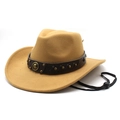 Detail of wool western cowboy hat featuring bronze rivets and an adjustable chin strap - M(56-58cm) / Camel