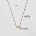 Detail showing 50cm stainless steel chain and brass zircon charms of the necklace - Classic Ring Bead / Steel Chain Gold Bead