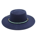 Navy blue flat top wool hat with turquoise beaded band and wide brim for women - M (56-58cm) / Navy Blue