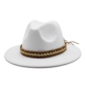 Classic white wool felt fedora hat with a brown braided band for men and women - L (58-60cm) / White