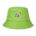 Detail of lime green cotton bucket hat featuring vivid multi-color rooster embroidery - Adjustable / Grass Green