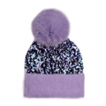 Winter purple knit beanie with shimmering sequins and a fluffy faux fur pom-pom topper - One Size / Purple