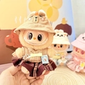 Plush doll outfit with brown corduroy bear hat and burgundy plaid skirt set - Brown Persimmon Hat + Sweet School Beauty Skirt / First And Second Generation Keychains Are Compatible With La Cloth Dolls. Dolls Not Included.