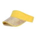 Detailed side view of yellow cotton sun visor featuring silver rhinestones on the brim - Yellow