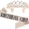 Birthday Girl gold glitter sash and rhinestone tiara crown set for birthday party - Gold Crown And Gold Birthday Girl Sash