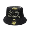 Close-up of Happy Birthday cartoon duck print on black cotton bucket hat texture - M (56-58cm) / Black Cartoon Duck Style (A)