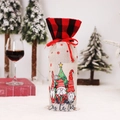 Linen Christmas gnome wine bottle cover with plaid trim and festive holiday print - Striped Hat Gnome Wine Sleeve