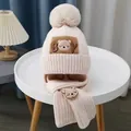 Beige baby winter knit hat and scarf set with pom pom and cute bear patch detail - BY Cartoon Bear Set - Off-white