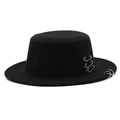 Detail view of black wool fedora with punk style silver rings and safety pin accents - M(56-58cm) / Black