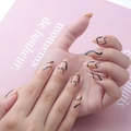 Short almond press-on nails in nude with minimalist black wave lines for women - Minimalist Wave Pattern - Glue Type (Y-80)