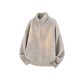 Men's oatmeal knit Henley sweater with quarter-zip high neck and thick warm texture - M / Khaki