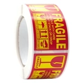 Gros plan d'étiquettes Fragile rouges en rouleau avec icônes d'expédition standard - 45*25mm / Icônes d'Avertissement Logistique Complètes (Style D)