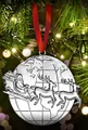Silver Tree of Life Christmas ornament with Santa sleigh scene and red silk hanging ribbon - Round Santa Claus (Diameter 6cm)