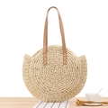 Round beige paper rope woven beach bag with brown leather handles and cat ear detail - Large Beige