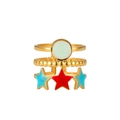 Detail of multi-layer gold-plated ring with colorful enamel stars and white accents - Red Blue Stars (ZJ190)
