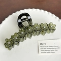 Dark green floral hair claw clip with rhinestones in vintage resin style - 13cm / Green