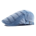 Light blue washed denim flat cap with adjustable bronze metal buckle and stitching - Striped Light Blue