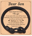 Woven friendship bracelet in black with U-shaped clasp on sentimental gift card - A-Black + Dear Son Card