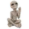 Resin alien garden statue sitting and waving, featuring a grey stone-like textured finish - Cross-legged Waving Alien