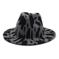 Detailed view of gray fedora hat with black cow pattern and wide brim stitching - M(56-58cm) / Grey Cow Print