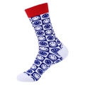 Red and blue checkerboard crew sock with smiley face pattern and white toe - 939