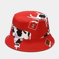 Red bucket hat with cartoon cow pattern and reinforced stitching for sun protection - M (56-58cm) / Big Cow Pattern Red Reversible