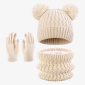 Set invernale beige: cappello con doppio pompon, scaldacollo in pile e guanti coordinati - Beige