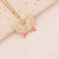 Elegante collar de mariposa dorado con esmalte rosa y blanco y pedrería brillante de moda - Rosa