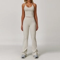 Light beige halter neck sports bra and high-waisted flared yoga pants athletic set - S / Grey Apricot (Top+Flared Pants)
