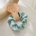 Mint blue satin scrunchie presented on a creative diamond-shaped pink gift card - With Diamond Card / Mint Green