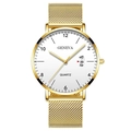 Men's business quartz watch with golden mesh strap and date window on white dial - White Dial Gold Case Gold Mesh Strap