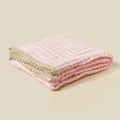 Close-up of pink 6-layer cotton gauze baby blanket with delicate beige lace trim edges - 105*105 cm / Pink