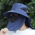Navy blue sun hat with wide brim, detachable face mask and neck flap for outdoor fishing - Navy Blue (Veil Shawl Style)