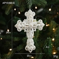 White glitter cross Christmas ornament with baroque relief pattern on tree, 14cm size - Cross Style