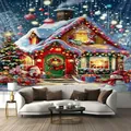 Christmas tapestry showing Santa and snowman in a snowy forest for home wall decor - 300x230cm / Christmas Snow Cottage