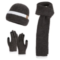 Winter 3-piece knit set with hat, scarf and touch screen gloves in dark grey striped pattern - Dark Gray