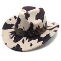 Cow print western cowboy hat with bull head metal buckle and rivet leather band - M (56-58cm) / Fedora Top Cow Print Beige