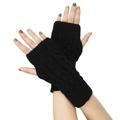 Close-up of black cable knit fingerless gloves showing textured patterns and wrist protection - One Size / Black
