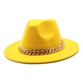 Close-up of bright yellow wool fedora hat featuring a chunky gold acrylic chain band - Yellow / M (56-58cm)