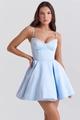 Close-up of light blue mini dress with lace trim neckline and corset bodice detail - S / Light Blue