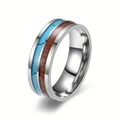 8mm stainless steel ring with polished wood inlay and blue turquoise style strip - Wood & Turquoise