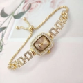 Detail of gold square quartz watch with rhinestones and adjustable drawstring chain strap - Gold Case Gold Dial